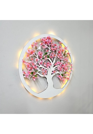 Led Işıklı Ve Pembe Sakura Hayat Ağacı Tablo 40cm - Beyaz