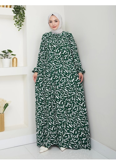 Desenli Önü Büzgülü Viskon Elbise - Yeşil / E0131 Yeşil