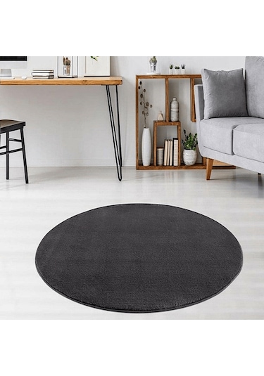 Antrasit Fluffy Yuvarlak Post Peluş Halı Kaymaz Taban
