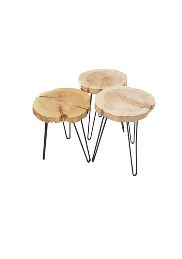 Grandehome Talya 3 Lü Set Ahşap Ve Kütük Sehpa Metal Firkete Ayak