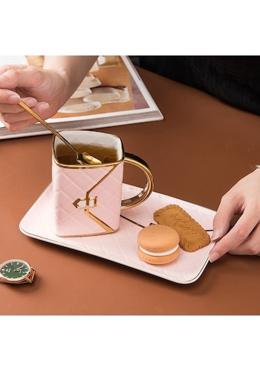 Novahub Şık Seramik Kahve Fincanı - Altın Kenarlı, 310ml Mavi MAvi