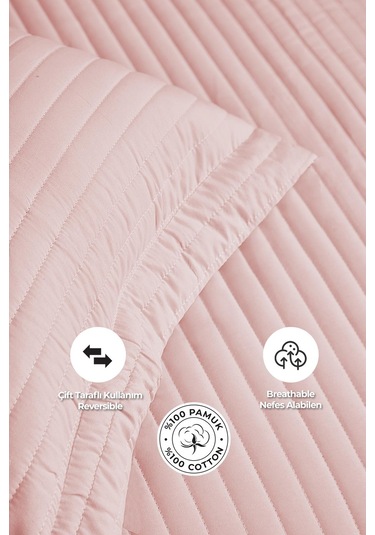 Evlen Home %100 Pamuk Yatak Örtüsü Pike Takımı Tek Kişilik Judy Yatay Çizgili Kapitone Pudra Pudra