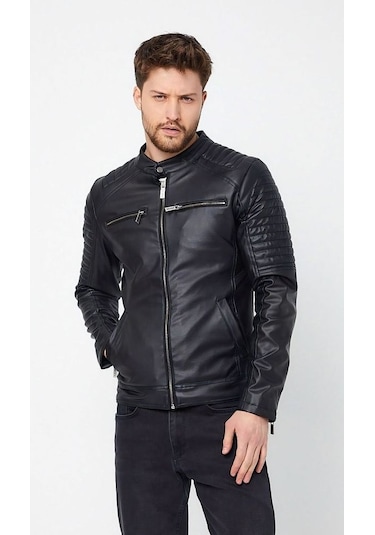 Oliggopol Erkeksiyah İç Cepli Slim Fit Deri Ceket Mont Haki