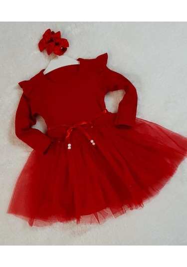 Kız Çocuk Kırmızı Pamuklu Tül Uzun Kol Özel Gün Doğum Günü Abiye Günlük Prenses Elbise Kırmızı