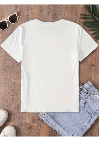 Efnaz Style Fiyonk Baskılı Oversize Bisiklet Yaka T-shirt - Beyaz