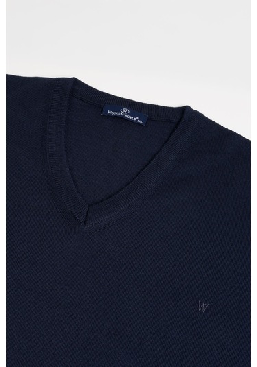Woolen World V Yaka Battal Büyük Boy Yünlü Triko Kazak Lacivert