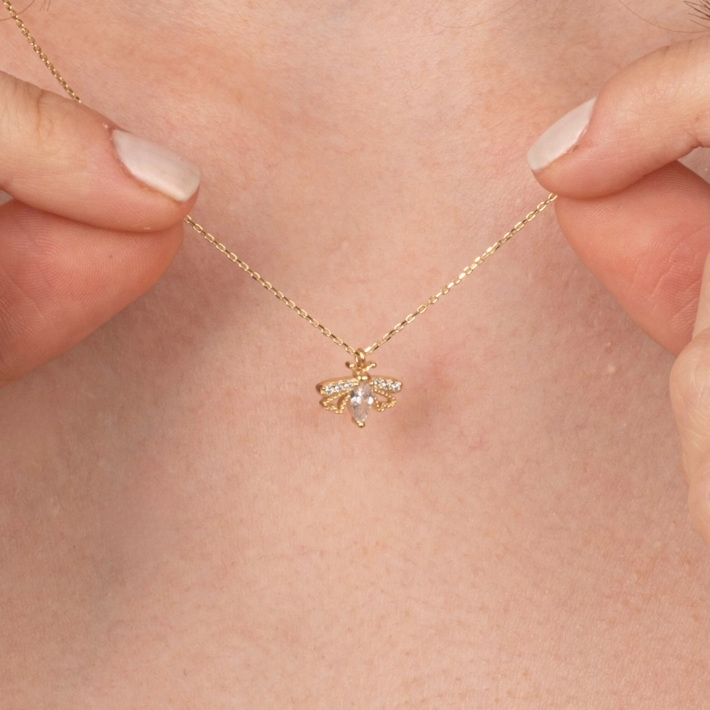 Gümüş Kolye - Oval Zirkon Taşlı Arı 925 Ayar Gümüş Kolye Sarı