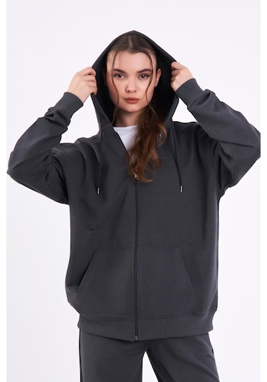 Kadın Antrasit Normal Kalıp Basic Beli Lastikli Kapüşonlu Oversize Mevsimlik Alt Üst Eşofman Takımı Cmre7367 Antrasit