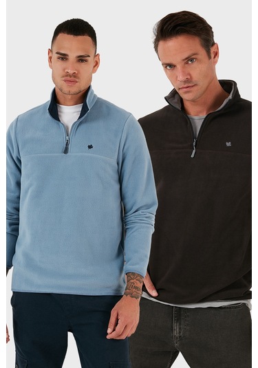 Buratti Slim Fit Anti-Pilling Tüylenme Yapmayan Bato Yaka Şardonlu 2'Li Paket Erkek Polar 5906001S2 Antrasit-Açık Mavi