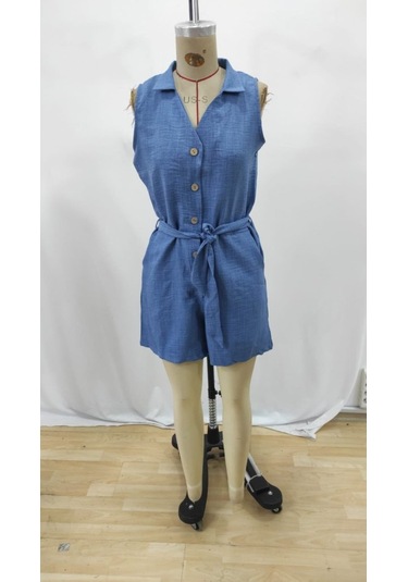 Simala Kadın Sıfır Kollu Yakalı Düğmeli Belden Kuşaklı Kısa Keten Tulum Mavi