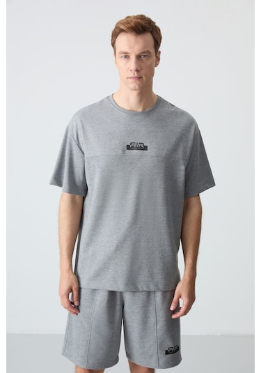 Gri Melanj Pamuklu Kalın Yumuşak Dokulu Oversize Fit Basic Erkek Şort Takım - 85259 GRİ MELANJ