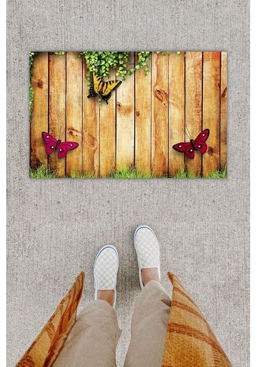 Dijital Baskı Dekoratif 'lü Kelebek Kahverengi Kapı Önü Paspası K-1256