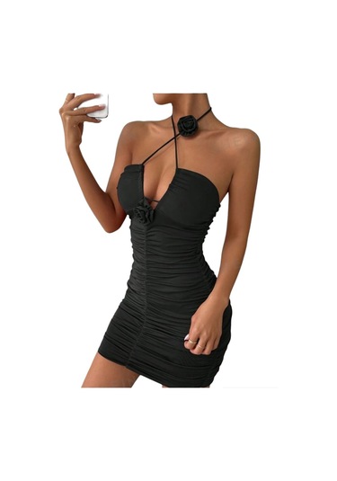 Straplez Kesim Önden Fiyonk İle Bağlamalı Bel Dekolteli Yanlardan Büzgülü Kolluklu Şık Elbise Siyah