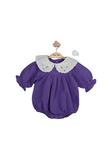 Fisto Yaka Keten Kız Bebek Romper Toka Takım 001