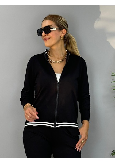 Kadın Iki Iplik Penye Kumaş Fermuar Detaylı Ribanalı Ikili Takım Siyah