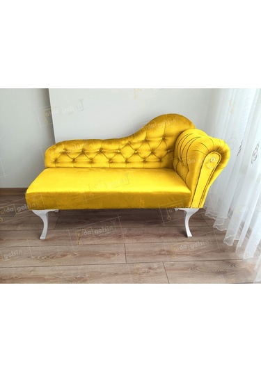 Ters Kol Dekoratif Bihter Koltuk Josefin Puf 120 Cm Beyaz Ayak Sarı