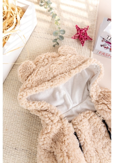 Kapüşonlu Ayıcık Fiğürlü Welsoft Peluş Kışlık Kız/erkek Bebek Tulum Bej