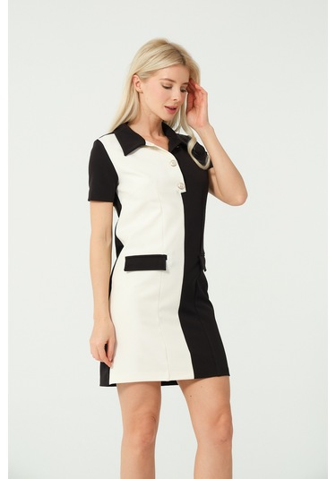 Polo Yaka Mini Elbise Siyah Beyaz