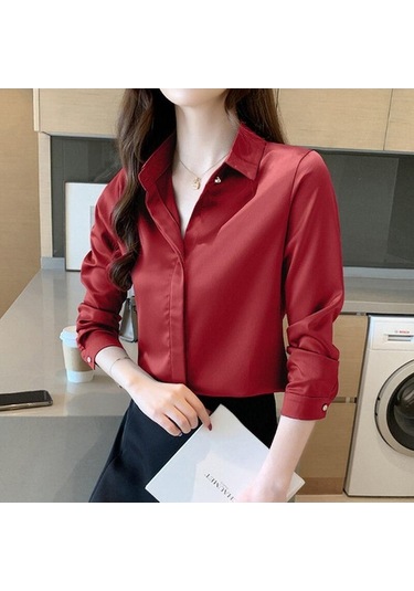 Novahub Sonbahar Uzun Kollu Ipek Kadın Gömlek Rahat Ofis Kadın Üstleri Katı Zarif Bluzlar Turn Down Yaka Katı Bluz Kadın Giyim Bordo - L Bordo