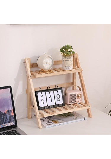 Sones Oturma Odası Ahşap Çift Katmanlı Saksı Depolama Rafı Kozmetik Düzenleme Ve Dekorasyon Rafı Ahşap Rengi
