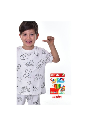 Zuzunga En Sevimli Figürler Özel Kalemi İle Boyanabilir Çocuk Pijama Takımı 12'li Kalem Seti Hediye Beyaz