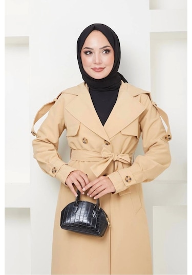 Kruvaze Yaka Bondit Kumaş Trençkot / M0106 - Camel Metalik Camel