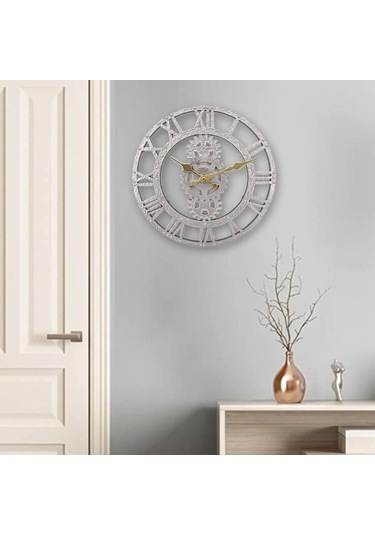 Homyl 12 Inç Dekoratif Kuvars Yuvarlak Saatler Dış Duvar Saati Gümüş