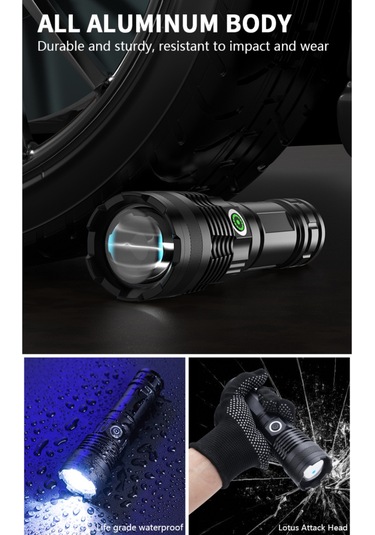 Wezone A55 Beyaz Lazer El Feneri, 1200 Lumen, Usb Hızlı Şarj, 3280ft Uzak Menzil, Su Geçirmez, Fokus Ayarlanabilir, Kamp/hiking/acil Durumlar İçin Led El Feneri Siyah