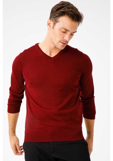 Desen Triko Erkek Basic V Yaka İnce Triko Kazak 02421602 Bordo Bordo