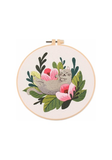 Mufunye Dıy Kedi Desenli İpek İşleme Seti - 30x30cm Kumaş, 20x20cm Taha, Tüm Malzemeler Dahil - Başlangıçcı Dost Ev Dekoru El Sanəti Paketi