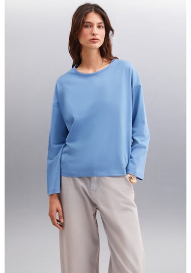 Basıl  Kadın Sırt Baskı Detaylı Oversize %100 Organik Pamuk Örme Uzun Kol Indigo T-shirt