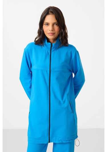 Mavi Dik Yaka Fermuarlı Pamuklu Kadın Eşofman Tunik Takım - 95346 Mavi