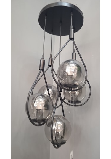 Damla Glob Camlı 5Lİ Sarkıt Avize Füme