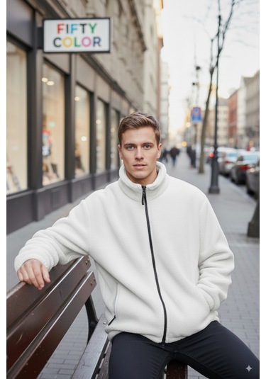 Beyaz Premium Kalite Dik Yaka, Fermuarlı, Polarlı, Peluş Ceket Beyaz