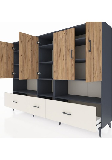 Hyperion Dolap 12 Raflı 3 Çekmeceli 5 Kapaklı 220x44x163 Antrasit Antrasit-çam/aytaşı