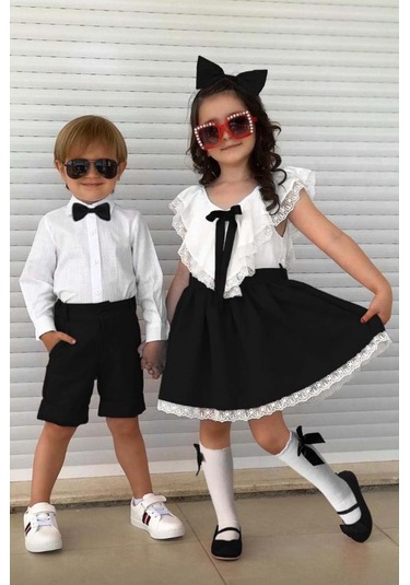 Riccotarz Kız Çocuk V Yaka Omuzları Ve Etek Ucu Dantel İşlemeli Siyah Elbise Siyah