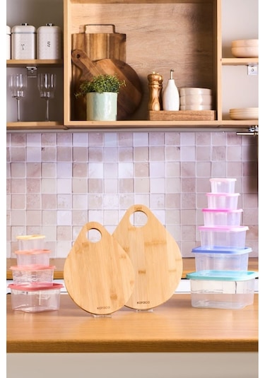 Karaca Damla 12 Parça Saklama Kabı ve Kesme Tahtası