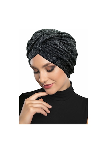 Çapraz Fukuro Simli Astarlı Siyah-gümüş Hazır Türban Tesettür Abiye Bone Siyah - Gümüş