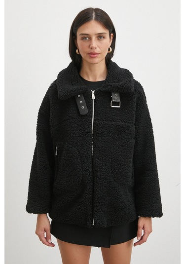 Yaka Detaylı Peluş Mont Siyah Siyah