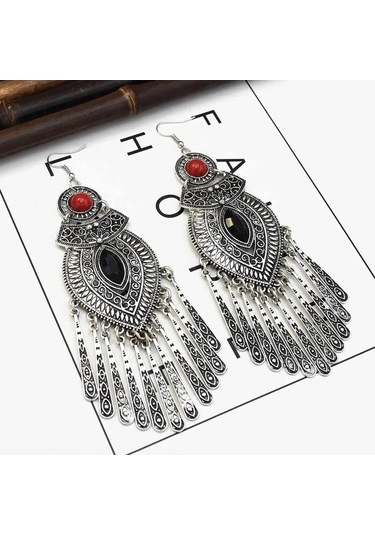 Ganzhoushop Vintage Uzun Tayland Siyah Siyah Renk Püskül Küpeleri Kadınlar Için Hint Gümüş Büyük Beyan Qs Moda Aksesuar Siyah