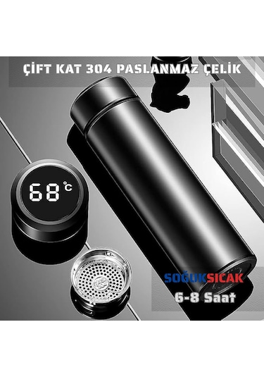 Çelik Dijital Led Sıcaklık Göstergeli Akıllı Termos Matara 400 Ml Siyah