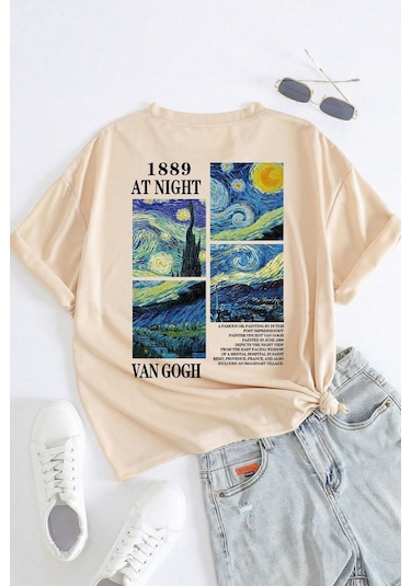 Uyguntarz Unisex Van Gogh Baskılı Oversize Tshirt Bej