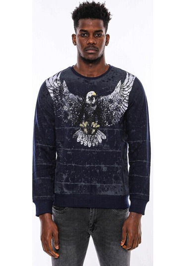 Lacivert Taşlı Desenli Sweatshirt - Wessi Siyah