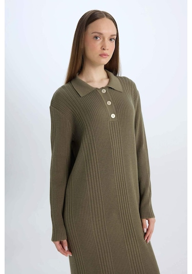 DeFacto Regular Fit Polo Yaka Basic Düz Maxi Triko Elbise D5434AX24WNKH507