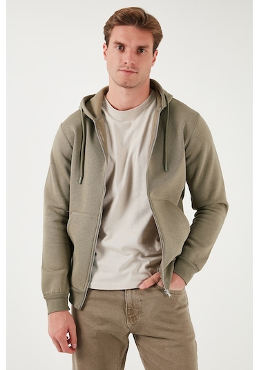 Buratti Regular Fit Kapüşonlu Fermuarlı Içi Tüylü Yumuşak Şardonlu Kışlık Erkek Sweat 5905340 Vizon Yeşili