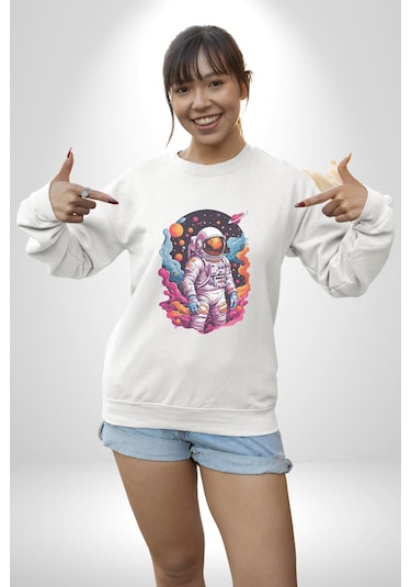 Ay Mars Astronot Unisex Beyaz Baskılı Sweatshirt Beyaz