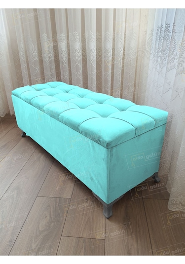 Çizgi Kapitoneli Sandıklı Puf 110 Cm Gümüş Ayak Turkuaz