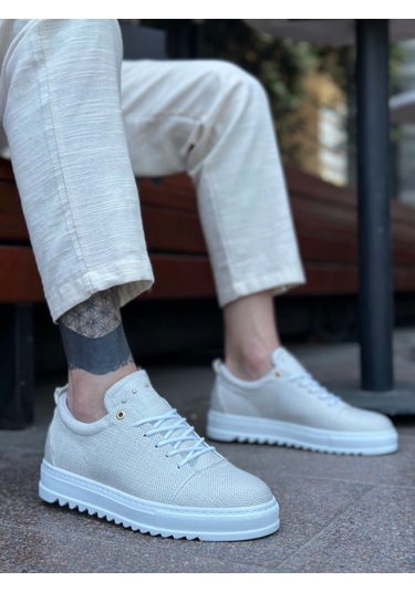 Pabucmarketi Bağcıklı Keten Erkek Ayakkabı Krem Beyaz Taban Renkli