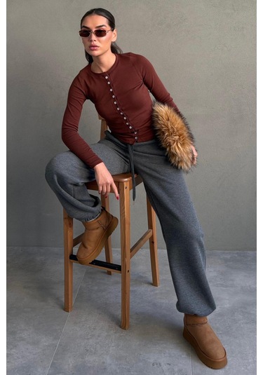 Antrasit Geniş Paça Rahat Kalıp Lastikli Eşofman Altı Mg2581 Antrasit