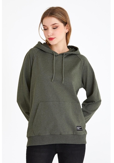 MMetalic Kadın Haki Renk Kapüşonlu Basic Örme Sweatshirt